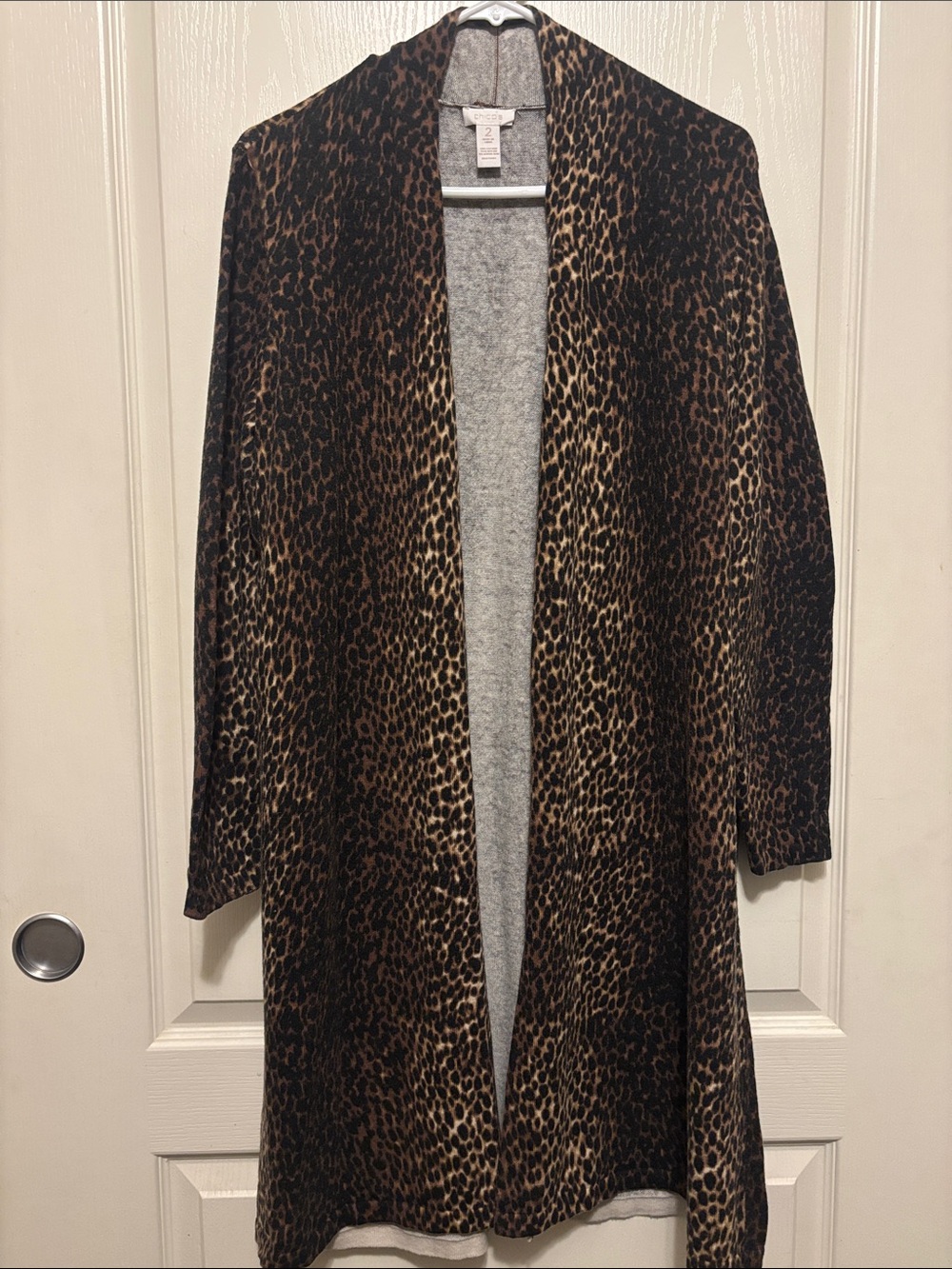 Chico’s Open-Front Leopard Print Women’s Long Cardigan
